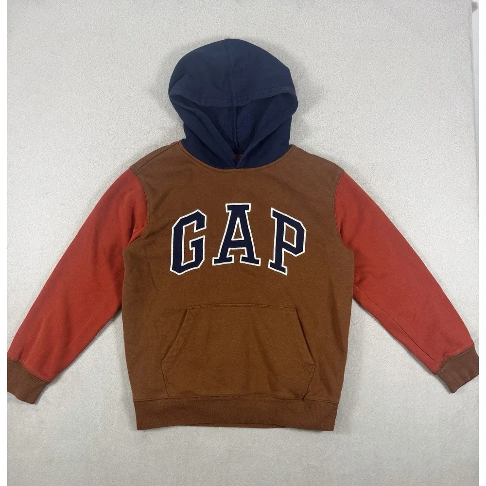 GAP Kids Color Block Logo Pullover Hoodie Boys XL Brown Red Blue Sweatshirt